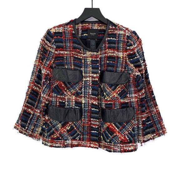 Smythe Jackets & Blazers - SMYTHE Boucle Leather-Detail Jacket Red Blue Cream Black 4